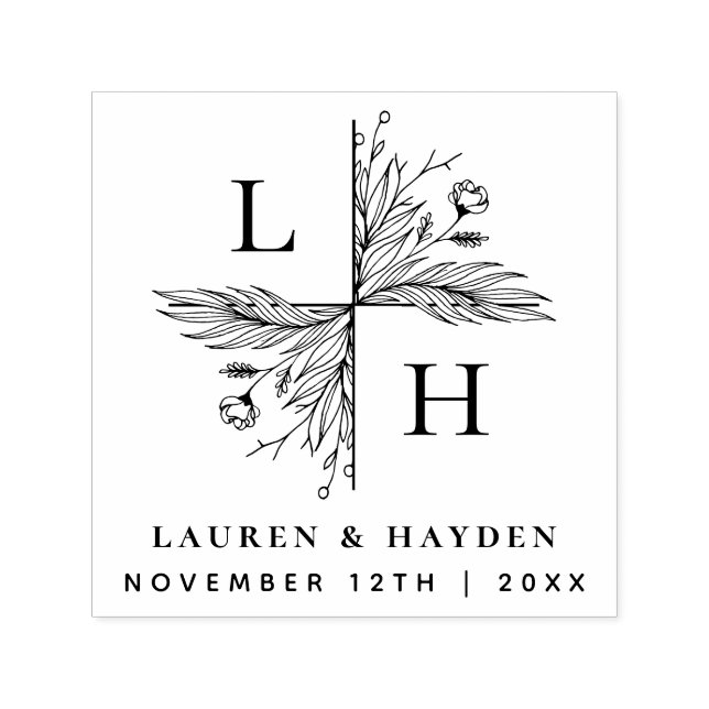 Tampon Auto-encreur Élégant Monogramme Floral | Enregistrer Le Mariage (Design)