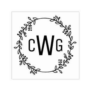 Tampon Auto-encreur Élégante couronne botanique 3 Monogramme initial #