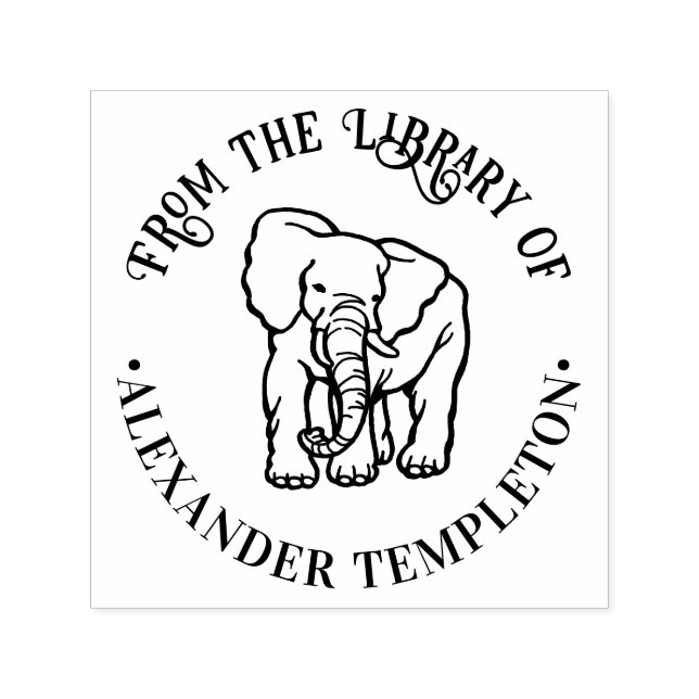 Tampon Auto-encreur Élément de ligne éléphant Bibliothèque ronde Nom d (Design)