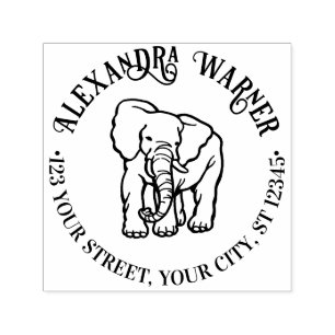 Tampon Auto-encreur Elephant Line Art Round Nom Adresse de retour