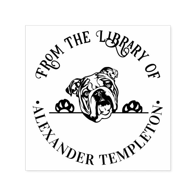 Tampon Auto-encreur English Buldog Chien Face Round Library Nom du liv (Design)