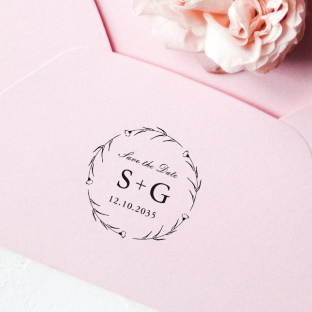 Tampon Auto-encreur Enregistrer La Date Monogram Mariage Green (Créateur téléchargé)