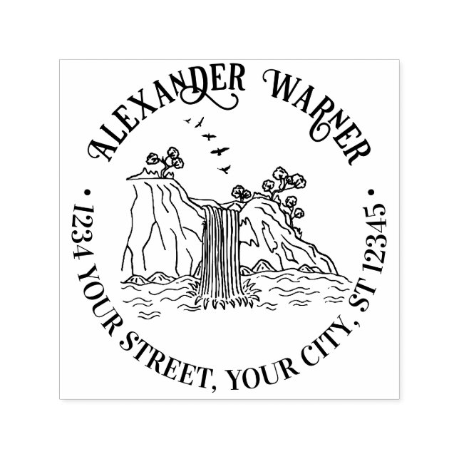 Tampon Auto-encreur Extérieur : Mountain Waterfall Nom Ret Adresse (Design)