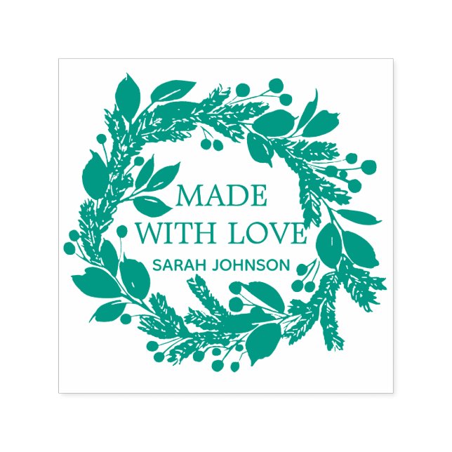 Tampon Auto-encreur Fabriqué Avec Amour Foliage Hiver Wreath Personnal (Design)