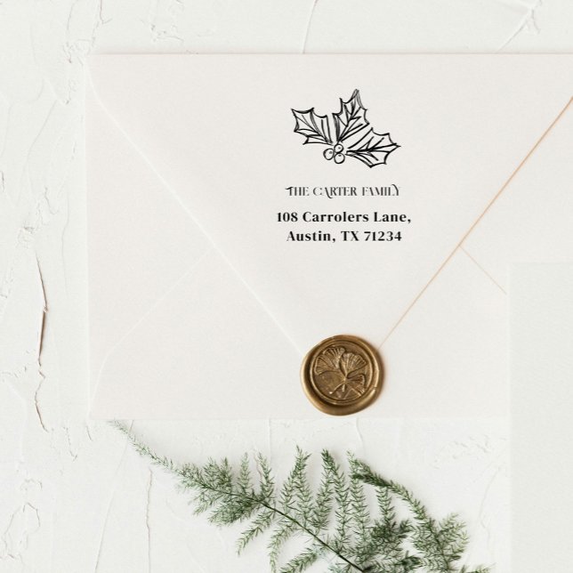 Tampon Auto-encreur Festily Holly Berries Adresse de retour de croquis (Hand drawn holly berries illustration sketch holiday Christmas return address rubber stamp.)