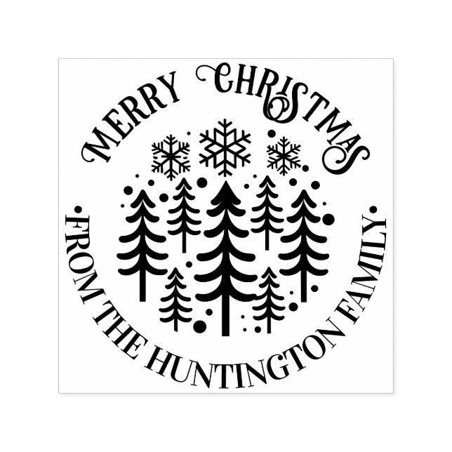 Tampon Auto-encreur Fir Trees et Snowflakes Joyeux Noël Nom (Design)