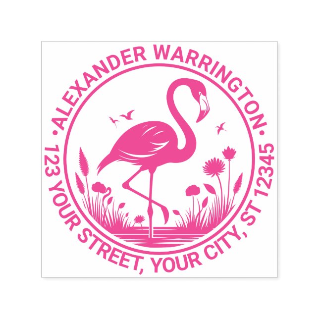 Tampon Auto-encreur Flamant rose debout, Fleurs Nom Adresse de retour (Design)