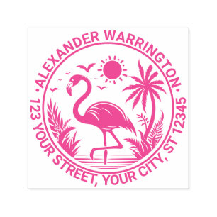 Tampon Auto-encreur Flamant rose Standing Palm Trees Nom du soleil Adr