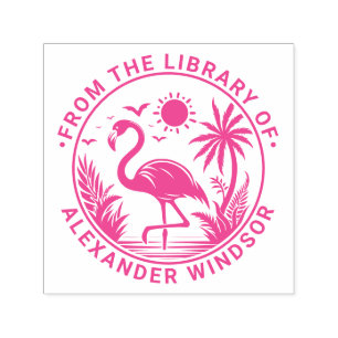 Tampon Auto-encreur Flamingo debout Palmiers Soleil Nom de la biblioth