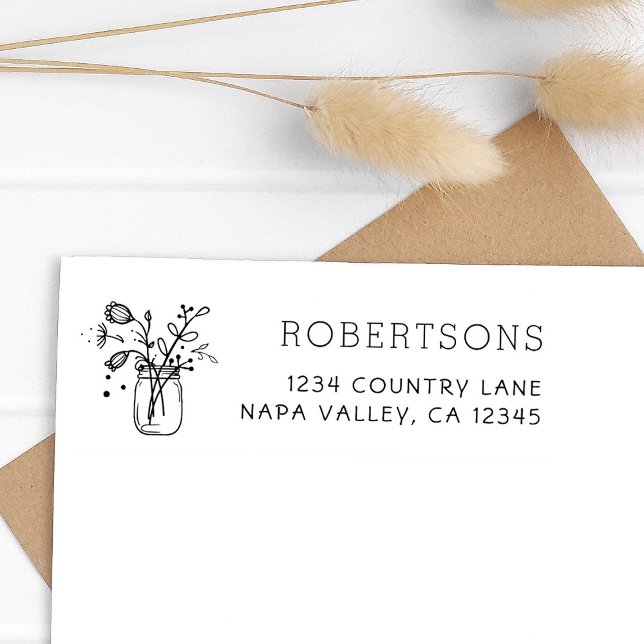 Tampon Auto-encreur Fleurs Mason Jar | Nom de famille (Créateur téléchargé)