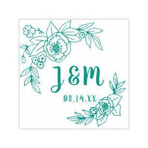 Tampon Auto-encreur Flore dessinée à la main et Monogramme Mariage Feu