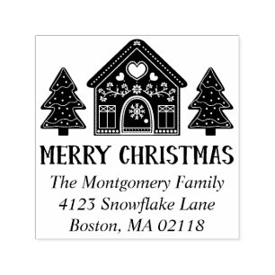 Tampon Auto-encreur Gingerbread House Joyeux Noël Nom et adresse