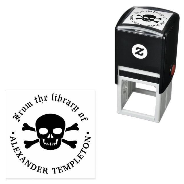 Tampon Auto-encreur Gothique Pirate Skull Crossbones Bibliothèque Nom  (En situation)