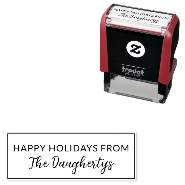 Tampon Auto-encreur Happy Holidays Nom de famille Emballage (En situation)