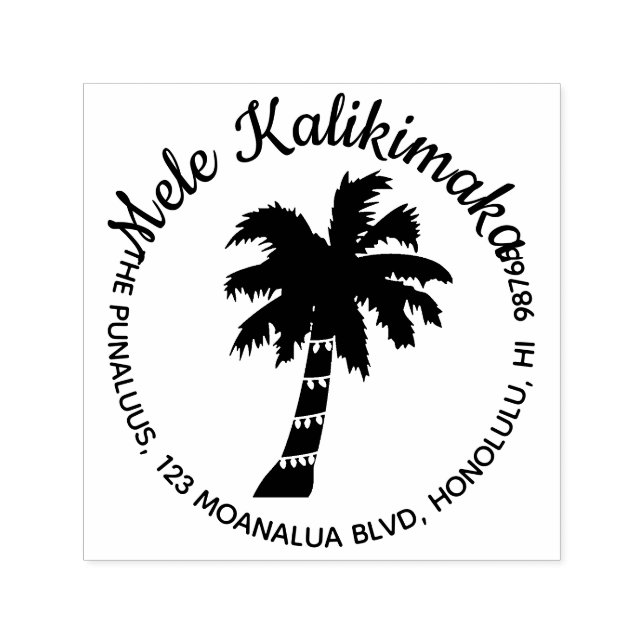 Tampon Auto-encreur Hawaii Adresse de Noël Timbre Palm Arbre ronde (Design)