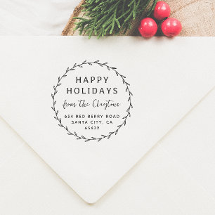 Tampon Auto-encreur Joyeuses fêtes Noël Wreath Script Nom de famille