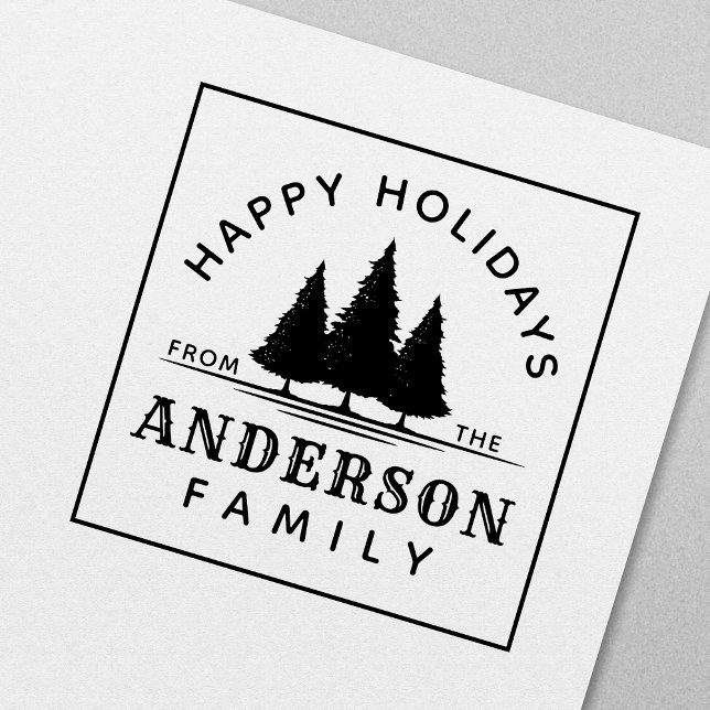 Tampon Auto-encreur Joyeuses vacances Pins d'hiver Arbres de Noël Fami (Créateur téléchargé)