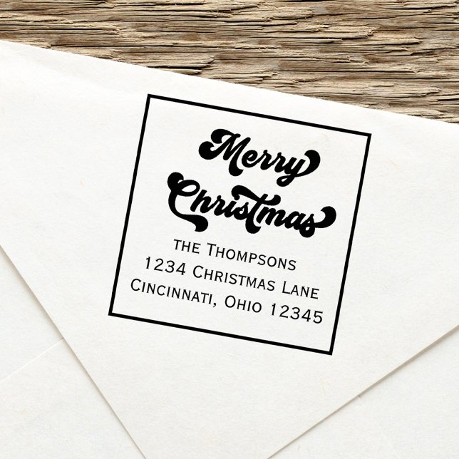 Tampon Auto-encreur Joyeux Noël Retour Adresse Retro Typographie (Merry Christmas whimsical retro style typography. )