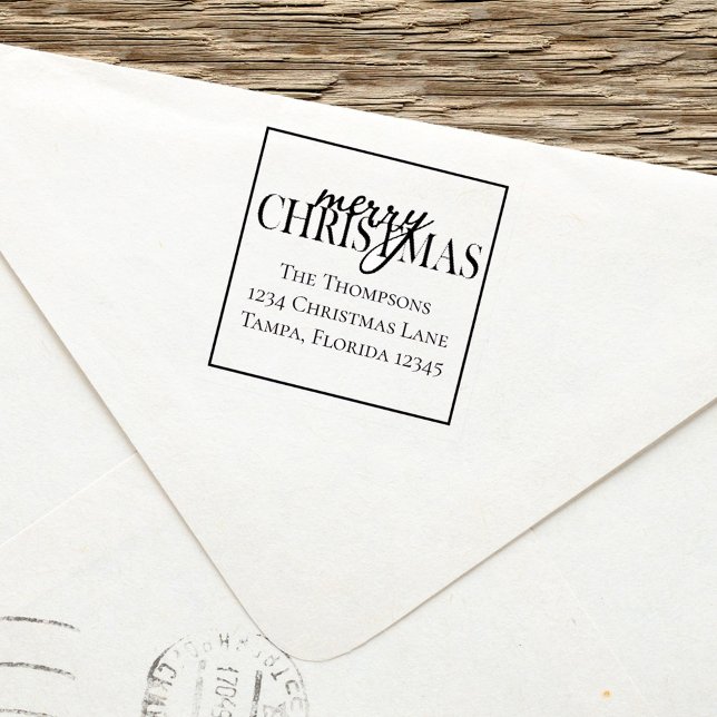 Tampon Auto-encreur Joyeux Noël Script Retourner l'adresse (Merry Christmas simple typography with return address stamp.)