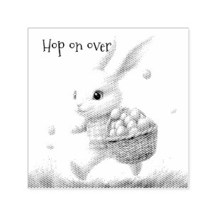 Tampon Auto-encreur Joyeux pâques, lapin de Pâques marchant avec des o
