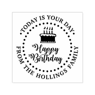 Tampon Auto-encreur Joyeux script d'anniversaire Calligraphie et Cake 