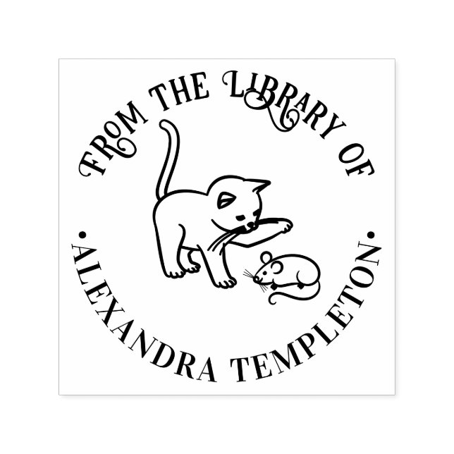 Tampon Auto-encreur Kitten Jouer avec souris rond Bibliothèque Nom du  (Design)
