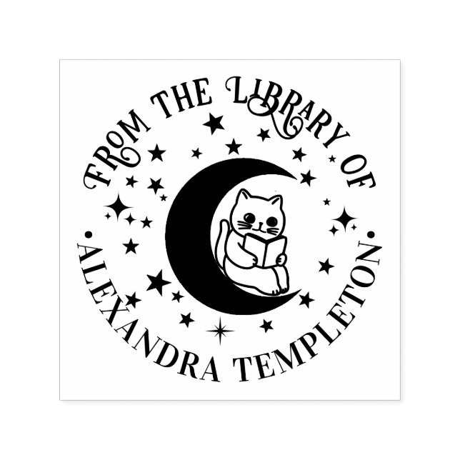Tampon Auto-encreur Lecture de chat, Crescent Moon Stars Nom du livre  (Design)