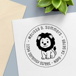 Tampon Auto-encreur Lion de dessin animé mignon adresse ronde