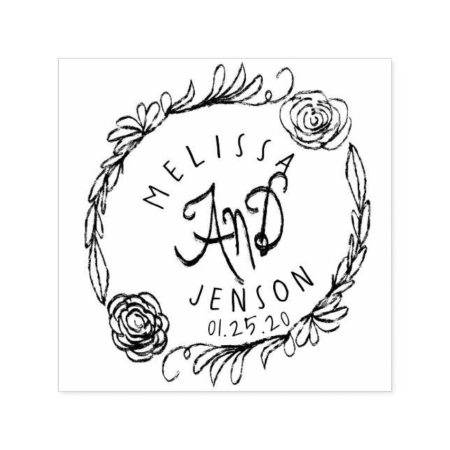 Tampon Auto-encreur Logo mariage Rose Verdure Wreath Main tirée (Design)
