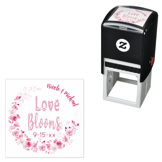 Tampon Auto-encreur Love Blooms Personnalisée Mariée Groom Mariage Dat (En situation)