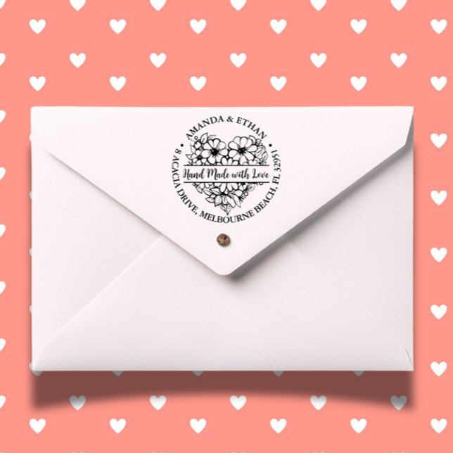 Tampon Auto-encreur Main faite avec amour Fleur Thème Coeur (Express your care with our handmade Flower Heart Theme self-inking stamp.)