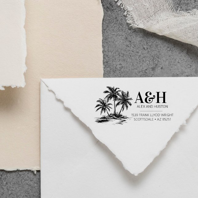 Tampon Auto-encreur Mariage de plage Monogramme élégant Palm Tree simp (Créateur téléchargé)