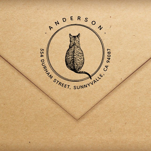 Tampon Auto-encreur Modern Cat Round Family Adresse de retour (Créateur téléchargé)
