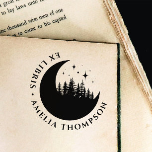 Tampon Auto-encreur Moderne Crescent Lune Arbres & Étoiles Round Ex Li