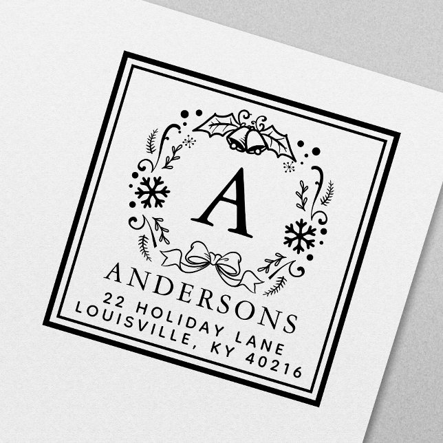 Tampon Auto-encreur Monogramme de couronne de Noël Adresse de vacances (Créateur téléchargé)