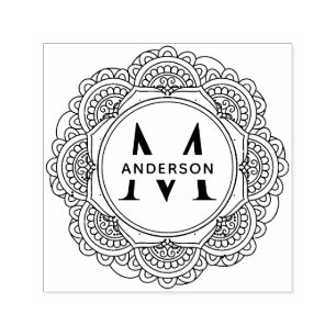 TAMPON AUTO-ENCREUR MONOGRAMME DE FAMILLE ORNATE CLASSIQUE MANDALA
