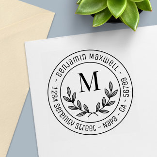 Tampon Auto-encreur Monogramme Initial Rond Adresse Simple Couronne