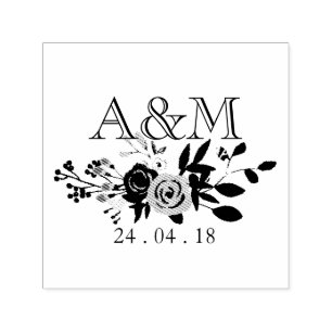 Tampon Auto-encreur Monogramme Mariage en fleur rose