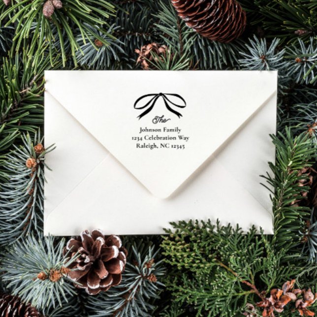 Tampon Auto-encreur Nom de famille Bow simple Adresse de retour (Simple bow Christmas holiday card return address self-inking stamp.)