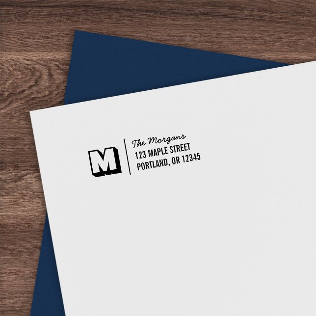 Tampon Auto-encreur Nom de famille de script monogramme blocky Adresse (Créateur téléchargé)