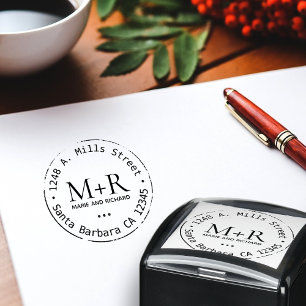 Tampon Auto-encreur Nom du marié monogramme mariage adresse