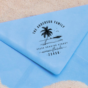 Tampon Auto-encreur Palm Tree & Family Name Script Adresse de retour