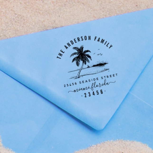 Tampon Auto-encreur Palm Tree & Family Name Script Adresse de retour (Rubber Stamp Mock-up)
