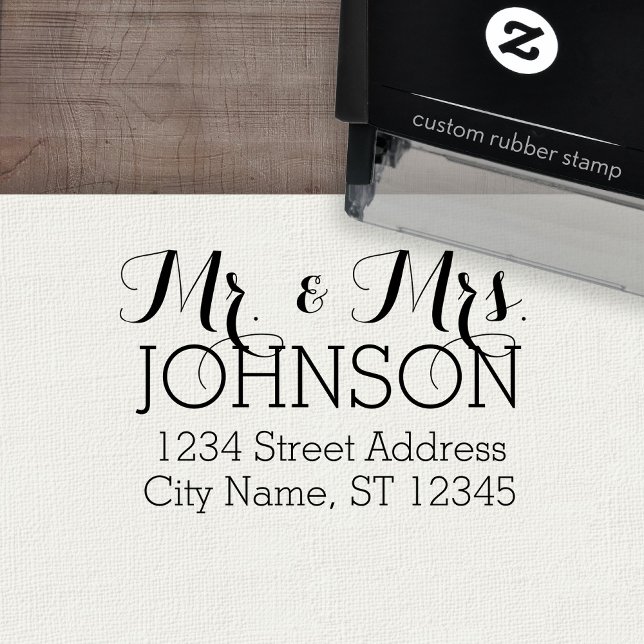 Tampon Auto-encreur Personnalisé M. & Mme Nom de famille et adresse de (Personalized Wedding Rubber Stamp - Self-Inking)