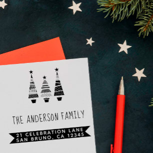 Tampon Auto-encreur Red Christmas Trees & Nom de famille Adresse de re