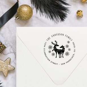 Tampon Auto-encreur Reindeer & Snowflakes Adresse de retour de Noël