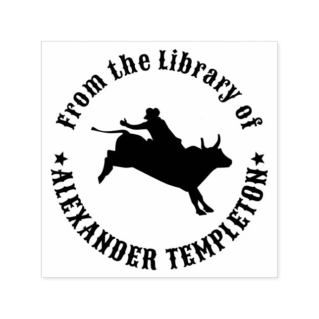 Tampon Auto-encreur Rodeo Cowboy sur Bucking Bull Library Nom du livre (Design)