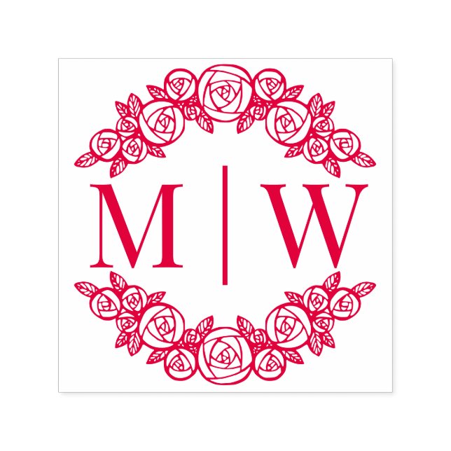 Tampon Auto-encreur Rose Arête Mariage 2 Premier Monogramme Rond (Design)