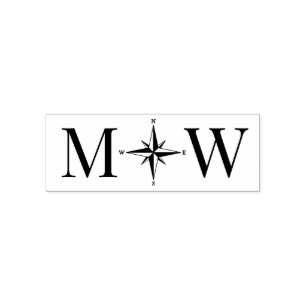 Tampon Auto-encreur Rose Compas Couple Mariage 2 Monogramme initial