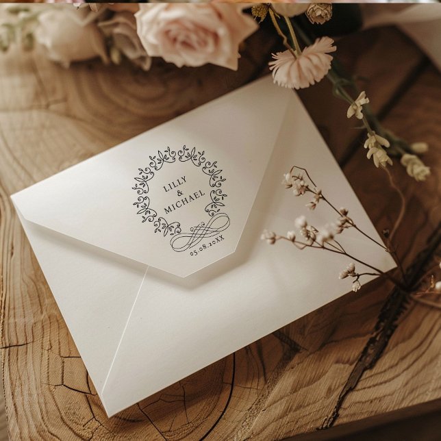 Tampon Auto-encreur Royal, Elégant, Mariage (Royal, Elegant, Wedding Rubber Stamp with your names and date.)
